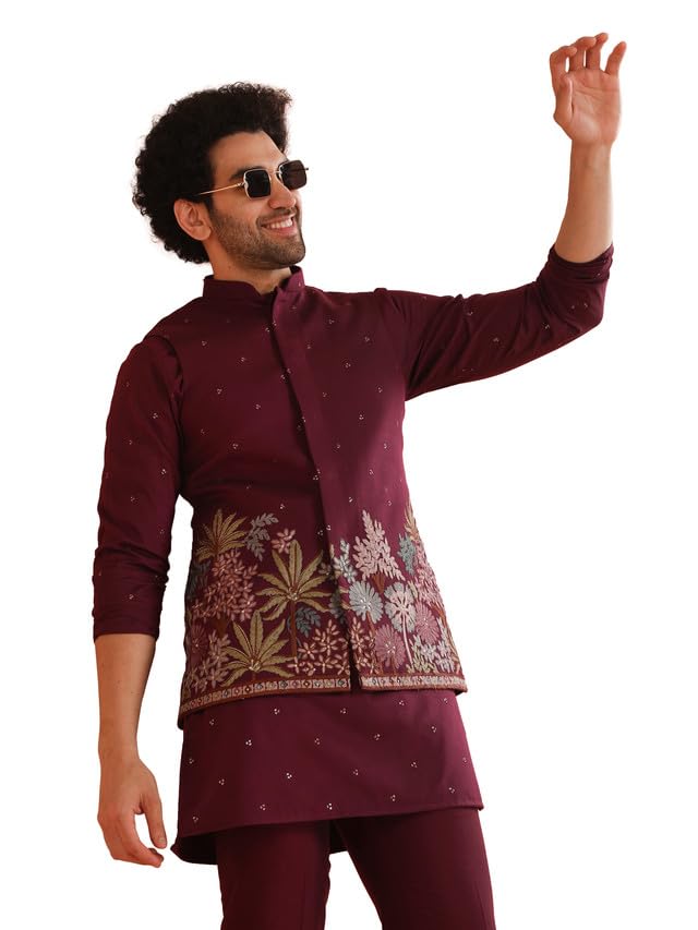kisah Men Wine Embroidered Nehru Jacket with Floral-picture-13