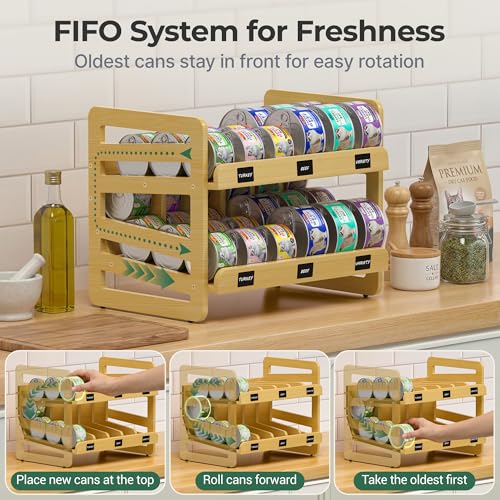 Cat-Food-Can-Organizer-for-3-oz-and-55-oz-Cans-Wooden-FIFO-Dispenser-Canned-cat-food-organizer-with-FIFO-lanes-write-on-labels-marker-and-anti-slip-pads-for-pantry-shelves-and-feeding-stations