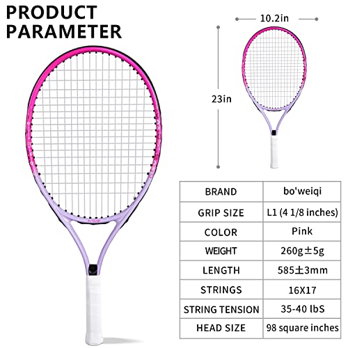 Bo'weiqi 23" Kids Tennis Racket For Aged 8-10, Lightweight Toddler Tennis Racquet With Shoulder Strap Bag, Including 1 Tennis Racket And 1 Replacement Grip Tapes(Pink) #TOP2