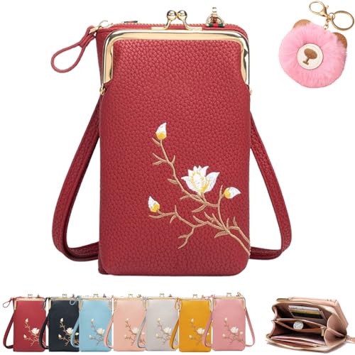 Pupyparraph Women Sling Cross-Body Wallet with Mobile Cell Phone Holder,Forever Savour Women's Slingbag Phonepurse (Red)