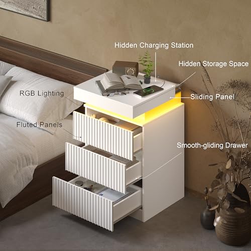 Image of Fluted Nightstand with Hidden Charging Station, LED Light, USB Ports, AC Outlets, Sliding Top, 3 Drawer Storage, Modern Bedside Table for Bedroom, White