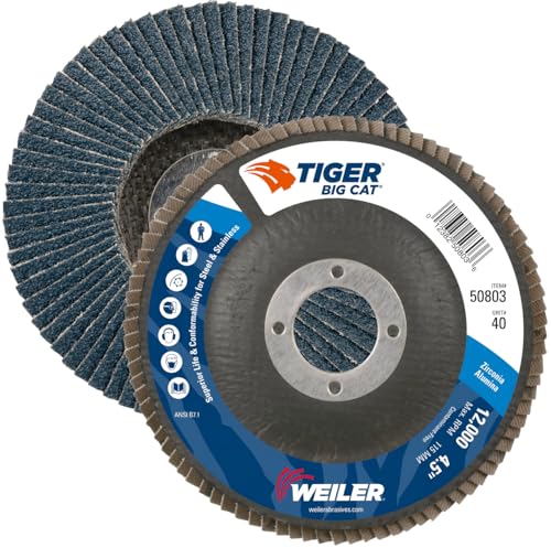 Image of Weiler 50803 Big Cat High Density Abrasive Flap Disc, Type 27, Round Hole, Phenolic Backing, Zirconia Alumina, 4-1 /2 inch Dia., 40 Grit