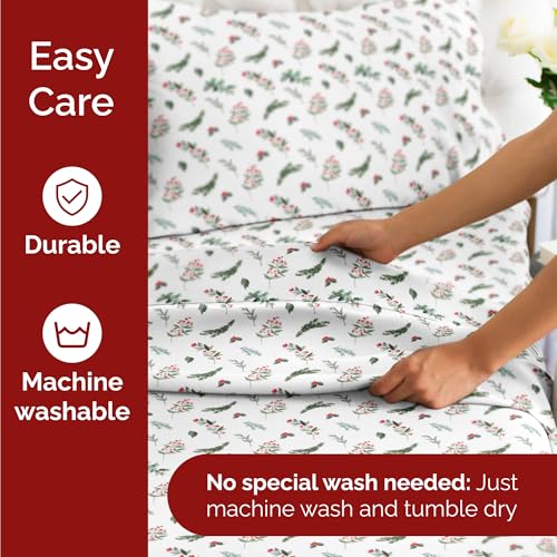 Full Christmas Mistletoe Sheet Set - Holiday Xmas Pattern Bedding Set - Deep Pockets - Snug Fit - 4 Piece - Wrinkle Free - Comfy & Cooling Festive Winter - Holiday Sheets for Women, Men, Kids & Teens