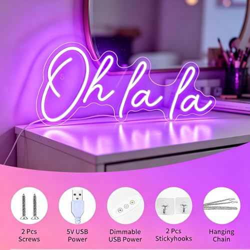 Image of Oh La La Neon Sign, Purple USB Powered Dimmable Neon Light, Cute French Quote Light Up Sign for Home Bedroom Makeup Room Nail Salon Shop Wall Decor Art, Gift for Young Girls Adults 16.5 x 8.3 Inch