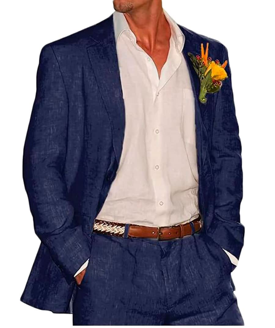 Botong Men's Navy 2 Pc Linen Wedding Suits For Peak Lapel Prom Suit Regular Fit Groom Tuxedos Summer Beach Suit Casual Wear 42 Chest / 36 Waist