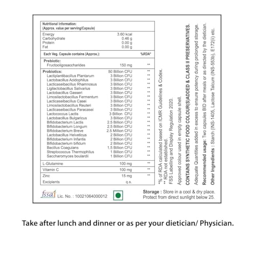 Image of Premium Probiotic 50 Billion CFU | 20 Strains + Prebiotic FOS + L-Glutamine + Vitamin C & Zinc | Supports Digestion & Bowel Movement | Helps Gas, Bloating & Constipation | Individually Sealed ALU-ALU Blister - Maintains Live Bacteria Till Consumption | 30 Veg Capsules