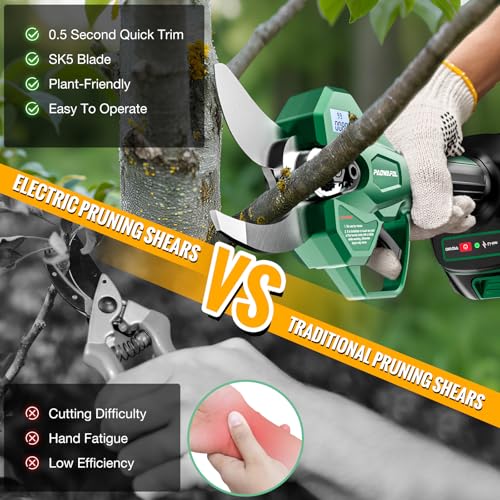 Electric Pruning Shears, 1.6\" (41mm) Cutting Diameter Cordless Electric Scissors with LCD Display, 21V Brushless Motor Branch Cutter with 2 PCS Rechargeable 2000mAh Batteries & 2 Blades (Green)