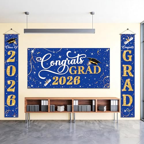 Class of 2026 Graduation Decorations, 3 Pcs Blue Gold Congrats Grad Banner and Backdrop Set with 1 Photo Backdrop and 2 Hanging Banners for Indoor Outdoor Party Decor by CoquetteBow012 - Used condition - Image 7