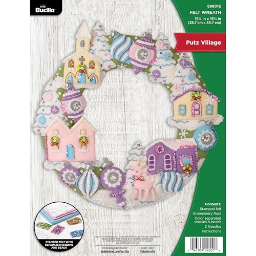 Image of Bucilla Felt Applique Wreath Making Kit, Putz Village, Perfect for DIY Arts and Crafts