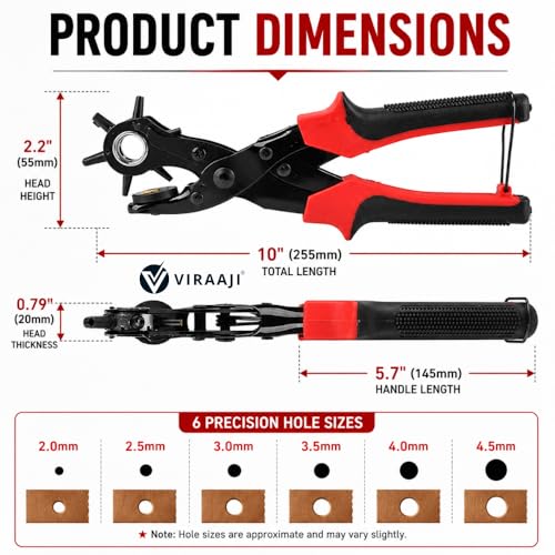 Image of Rotary Leather Belt Hole Puncher Pliers, Belt Punching Machine With 6 Sizes Heavy Duty Belt Hole Machine for Straps Crafts Adjustable Steel Head Comfortable Grip
