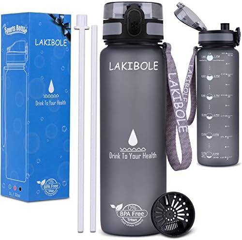 LAKIBOLE 32 oz Water Bottle with Straws with Time Marker