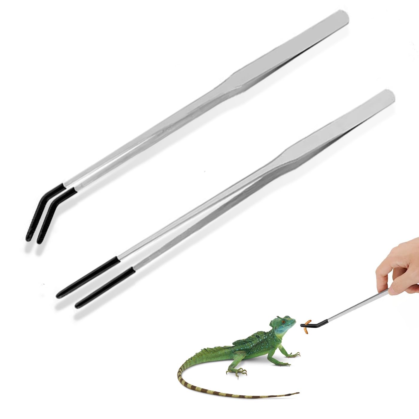 2 PCS Reptile Feeding Tongs with Rubber Tip, Aquarium Tweezers, Stainless Straight and Curved Long Aquarium Tweezers, Feeder Tool for Tanks, Lizards Feeders-image-32