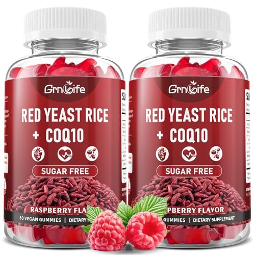 GrnLife 2 Pack Red Yeast Rice with Coq10 Gummies Red Yeast Rice Supplement Sugar Free Raspberry Flavor 120 Count