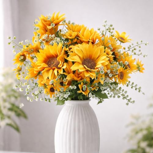 Image of SATYAM KRAFT 1 Pcs Artificial Sunflower Bunch for Home Decor, Living Room, Balcony, Office, Table, Fake Flowers, Realistic Look, Pooja, Wedding, Gifts, Showpiece (Without Vase) (Yellow)