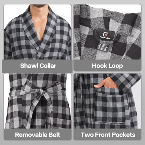Image of FashGudim Mens Buffalo Plaid Cotton Robe Lightweight Bathrobe Shawl Collar Kimono Sleepwear Loungewear House Robes
