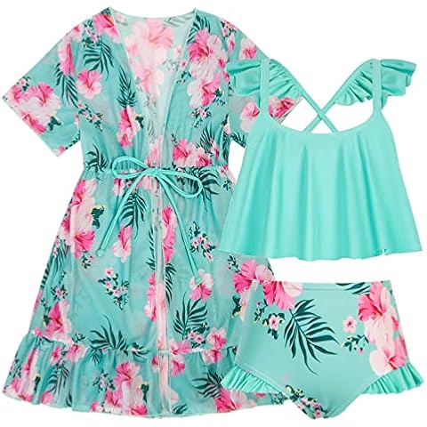 Danna Belle Swimsuit Girls 3-Piece Children's Bikini Swimsuit Sun Protection Swimwear Two Piece Quick-Drying Swimming Set Rash Guard Hawaiian Swimsuit, blue, 10 Years Cover