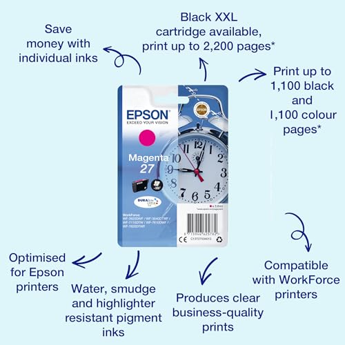 Epson 27 Réveil magenta à haut rendement authentique, cartouche d'encre DuraBrite Ultra, prêt pour le réapprovisionnement Amazon Dash