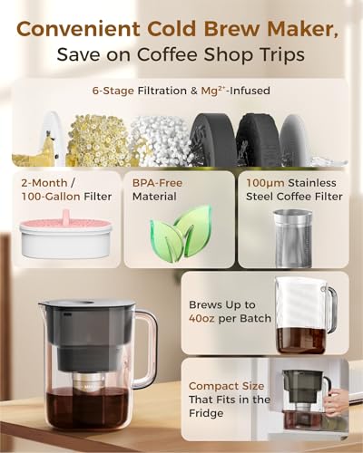 Image of Waterdrop PT-10 Cold Brew Coffee Maker with 1 Magnesium Water Filter for Well-Balanced Acidity, Unlocks Aroma, BPA-Free Cold Brew Pitcher, Stainless Steel Filter for Iced Coffee, Tea, Lemonade, Black