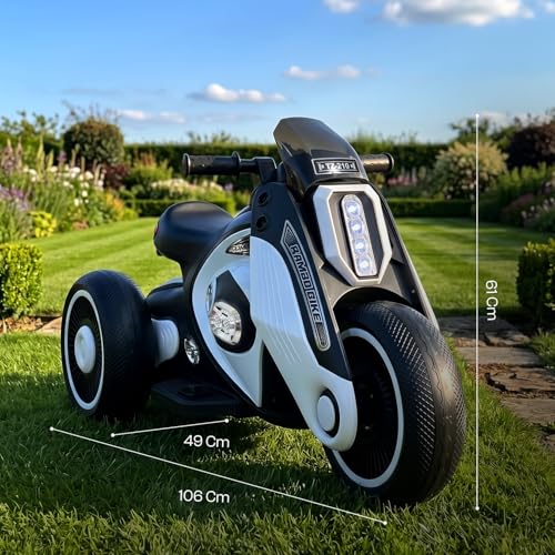 Image of Toyzone Rambo Electric Bike - White | 12V Rechargeable Bike for Kids with 4.5Ah Battery | LED Lights, Music, MP3| Smooth Acceleration | 6M Battery Warranty | for Big Kids Age 4-12 Years, Up to 35kg