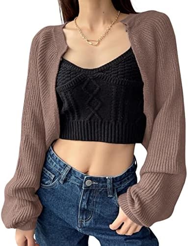 PICPUNMAK Women Solid Knit Long Puff Sleeve Crop Shrug Cardigan Loose Open Front Cropped Sweater Top Retro Vintage Casual