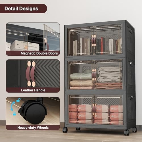 Image of UAMFURI Stackable Storage Bins with Lids, 144QT Lockable Storage Cabinet | Closet Organizers, Foldable Storage Box with Doors and Wheels, Plastic Drawers for Home, Garage, Office (3, Black, Medium)