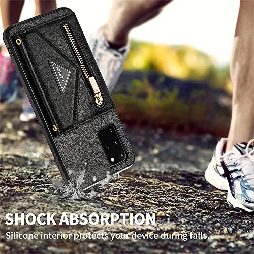 Kudex Samsung Galaxy S20 Fe 5G Crossbody Wallet Case,Galaxy S20 Fe Wallet Case With Card Holder For Women,Leather Magnetic Zipper Purse Back Case With Card Slot Kickstand Shoulder Strap(Black) #TOP5