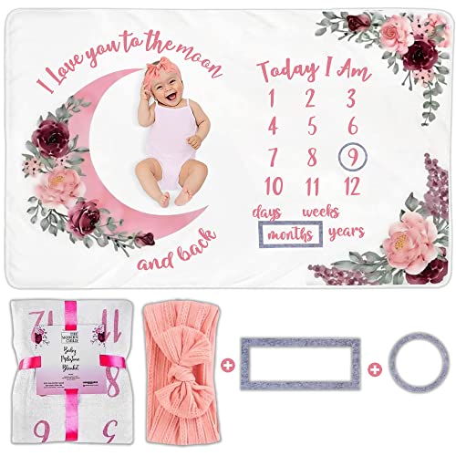 Image of Baby Milestone Blanket - Monthly Milestone Blanket for Baby Girl - Custom Soft Fleece Photography Background - Personalized Newborn Growth Chart -Premium Floral Moon 60" X 40"