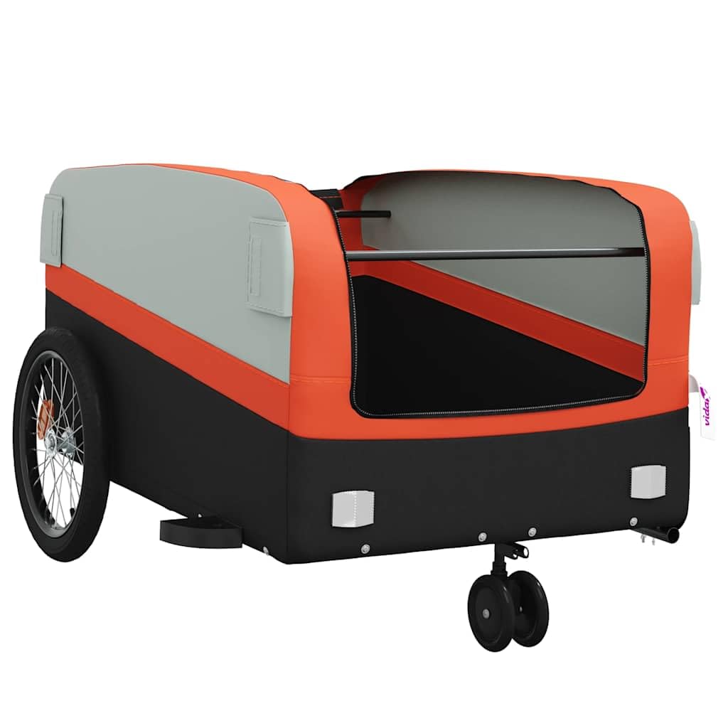 Przyczepa rowerowa czarna i pomarańczowa z żelaza o nośności 45 kg, 126 x 63 x 51 cm, sprzęgło dyszowe, flaga bezpieczeństwa, składana, idealna do ładunków, zakupów, psów i dzieci na co dzień