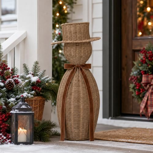 Faux Rattan Resin Snowman Figurine 15 Inch Christmas Decor With Velvet Bow - image 3