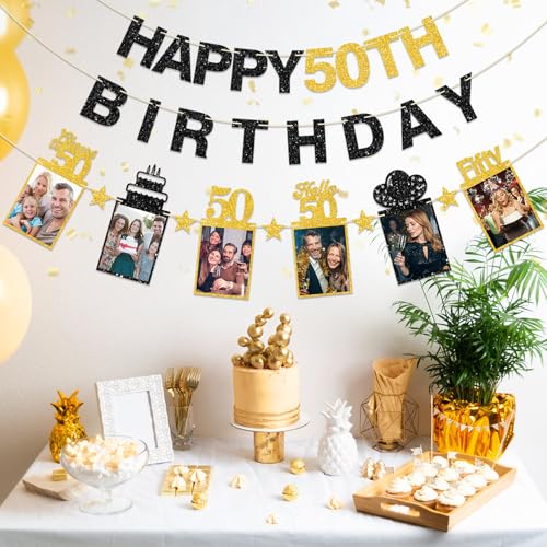 Image of Guiruiy Black Gold 50th Birthday Decorations for Men Women, Pre-strung Glitter Happy 50th Birthday Hanging Photo Banner Party Supplies, Cheers to 50 Years Old Bday Banners