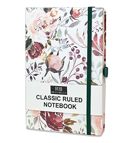 RICCO BELLO College Ruled Hardcover Lined Lay Flat Journal Notebook - Elastic Closure, Pen Loop, Bookmark, Inner Pocket, 192 Lined Pages, 5.7 x 8.4 inches (Blossoms)