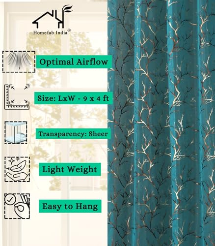 Image of Homefab India Multi Foil Transparent Sheer Curtain - 9 X 4 Feet, Long Door Curtains, Aqua Blue, Pack of 2 Pieces