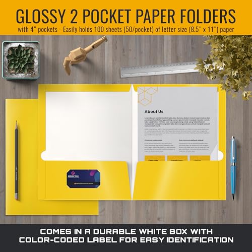 Image of Better Office Products 2 Pocket Glossy Laminated Yellow Paper Folders, Letter Size, 25-Pack, Yellow Paper Portfolios, Box of 25