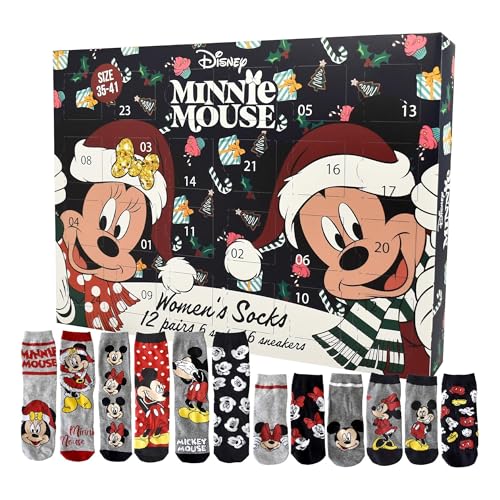 United Labels Disney Minnie Mouse Adventskalender mit 12 Paar Socken für Damen, Größe 35-41, Kalender mit Sneaker und langen Socken, Weihnachtskalender Geschenk