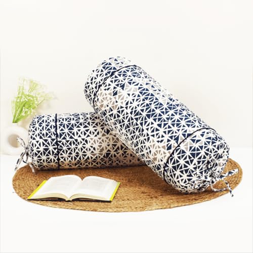 Image of AURAVE Cotton 144 TC Printed Bolster Cover with Drawstring Closure, Set of 2, Soft Breathable Durable Machine Washable for Sofa Bed & Home Decor, 15 inchx30 inch, Blue | Cover Only