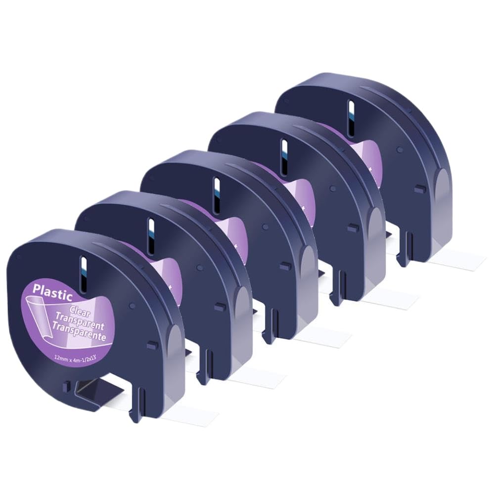 5er-Pack schwarz auf transparentem 12-mm-Kunststoff-Etikettenband-Nachfüller, kompatibel mit den Etikettendruckern 100H und LT-100T Plus(5PK)