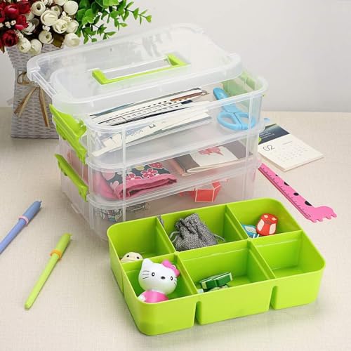 Image of plastic boxes for Storage transparent boxes for storage, Portable & Stackable Space Saving Organiser with Lid for Medicine, Jewelry, Arts & Crafts, Buttons, Beads (Green, 2 TIER WITH 1 TRAY)