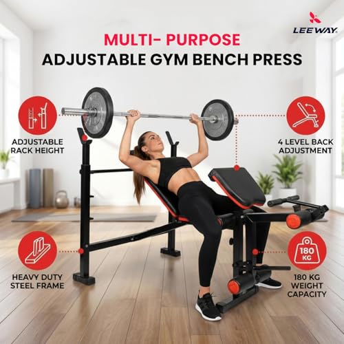 Image of Leeway LF150 Bench Press for Home Gym Setup | Adjustable Workout Bench with Preacher Curl | Foldable Incline Flat | Multipurpose Gym Table /Chair for Home Workout Equipment (Black, Bench LF150)