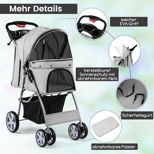 COSTWAY Hundewagen Haustiere Buggy, bis 15 kg, Hundebuggy mit Netzfenstern & Getränkehalter & Korb & Sonnenschutz, Faltbarer Katzenwagen, Katzenbuggy für kleine Hunde Katzen (Grau)