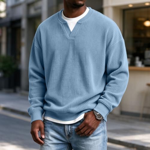 Corduroy Shirt Men V Neck Retro Faux Layered Mens Fall Dress Shirts - image 3