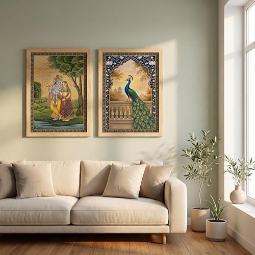 Image of Suneree Radha Krishna Miniature Painting with Peacock Wall Art | Set of 2 Framed Paintings | Traditional Mughal Indian Decor for Living Room Bedroom | (ART 4, 10x13 INCHES)