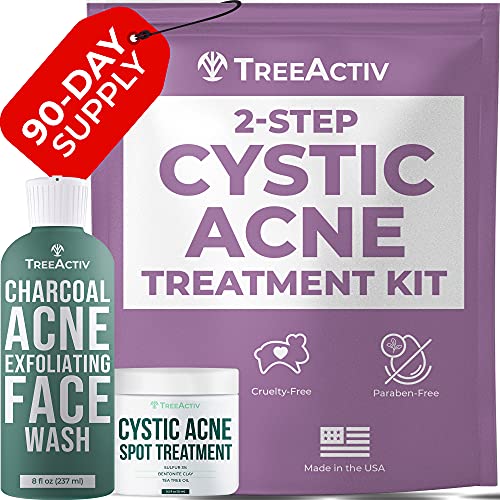 TreeActiv 2-Step Cystic Acne Treatment Kit â€“ Exfoliating Facial Cleanser & Spot Treatment | Charcoal Face Wash & Sulfur + Bentonite Clay for Pimples & Zits | Milia Remover for Teens & Adults | 2-Pack