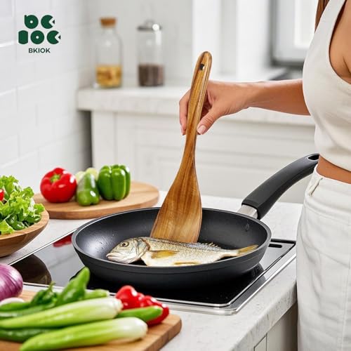 Image of Wooden Spatula for Cooking, Handmade Wooden Kitchen Utensil, Teak Wooden Turner Flat Frying Spatula for Nonstick Cookware (Spatula-Flat)
