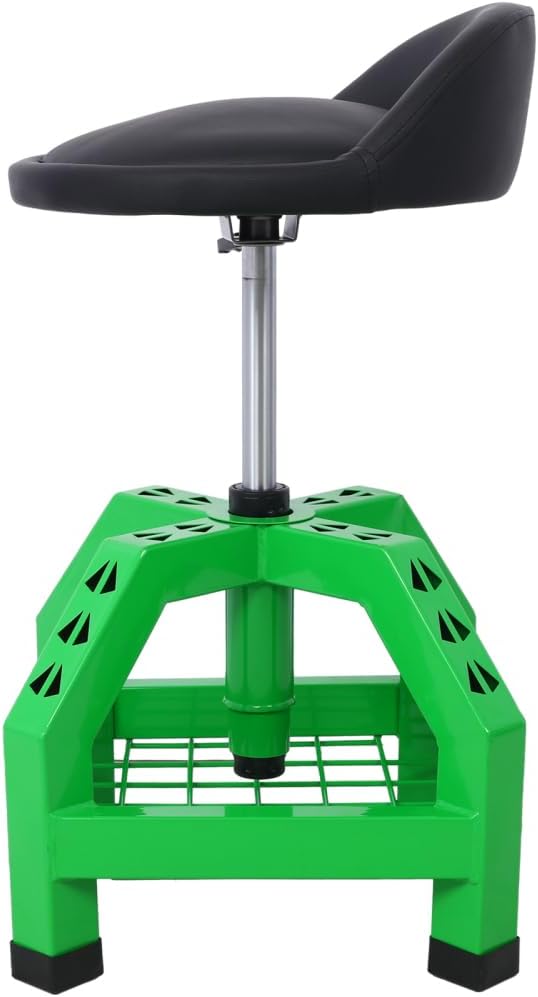 Mechanic Stool with Wheels, 360 Degree Swivel Rolling Garage Stool with 22.5”-27.5” Height Adjustment, 330 LBS Capacity, Tool Tray, Heavy Duty Creeper Seat, Shop Stool for Workshop (Green)