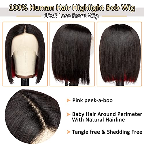 Originea Highlight Bob Wig Human Hair 13x6x1 Lace Front Wig Red Highlight Ombre Short T-Part Straight Bob Peekaboo Wigs for Women 12 Inch 150% Density (12 Inch - Image 3