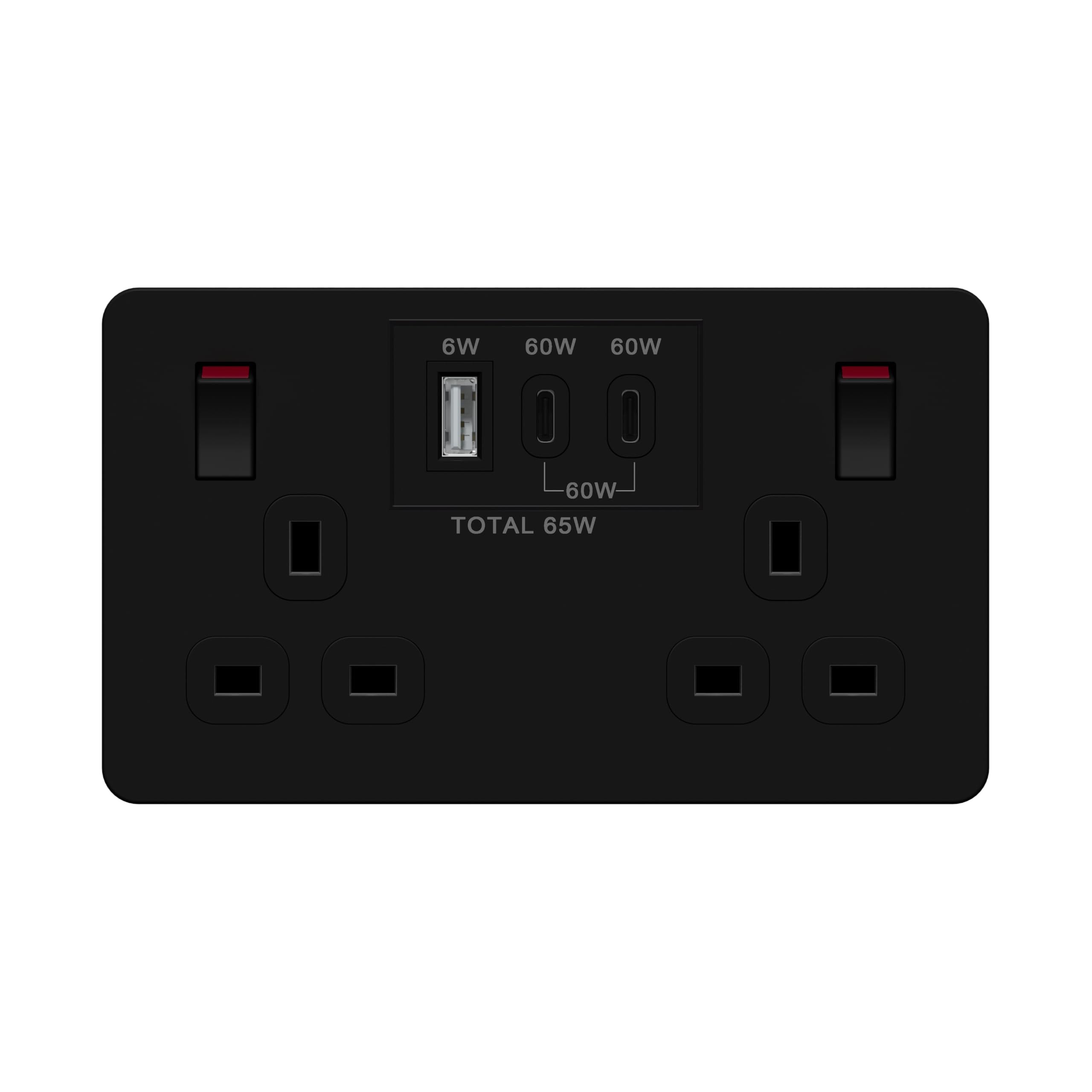 LIDER 2-Gang Switched 13A Socket with USB TYPE C & A, Power Delivery Fast Charging Wall Socket, Total Output 65W, PD 60W Max USB-C Output, Child Safe, Glossy Finish, Black (Use a 35mm-deep back box)