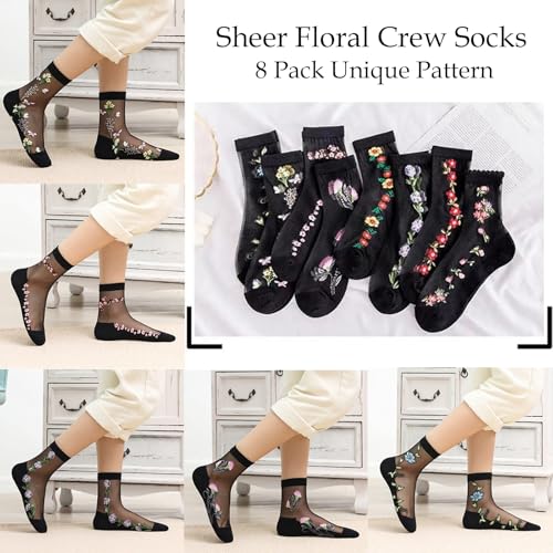 Image of DXYAKY Sheer Mesh Transparent Socks for Women Ultra-thin Lace Fishnet See Through Ankle Novelty Casual Floral Socks