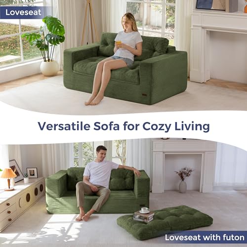 Image of MAXYOYO 63 inch Loveseat Sofa Couch for Small Spaces, Upholstered Boneless Cloud Couch for Apartment Bedroom, 2-Seater Love Seat Floor Modern Sofa with Pillows, No Assembly Required, Dark Green