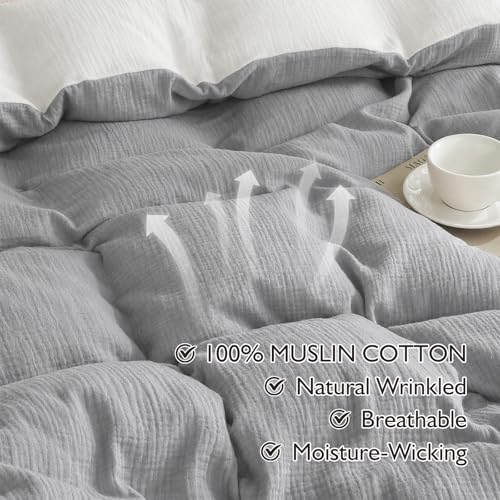 Image of EMME Cotton Muslin Duvet Cover Set Twin Size Linen Like Soft Breathable Lightweight Summer Comforter Cover Set with Zipper Closure (Light Grey&White, Twin, 68 inchx90 inch)