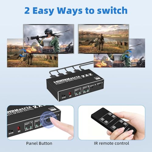 IVIVTOR 4K HDMI Switch 2 in 2 Out - HDMI Matrix 2x2 4K@60Hz mit IR-Fernbedienung unterstützt Dolby Digital Ultra 4K@60Hz 3D YUV 4:2:0 HDCP 1.4 Plug & Play für PS5 PC TV Beamer（Keine PC-Erweiterung）